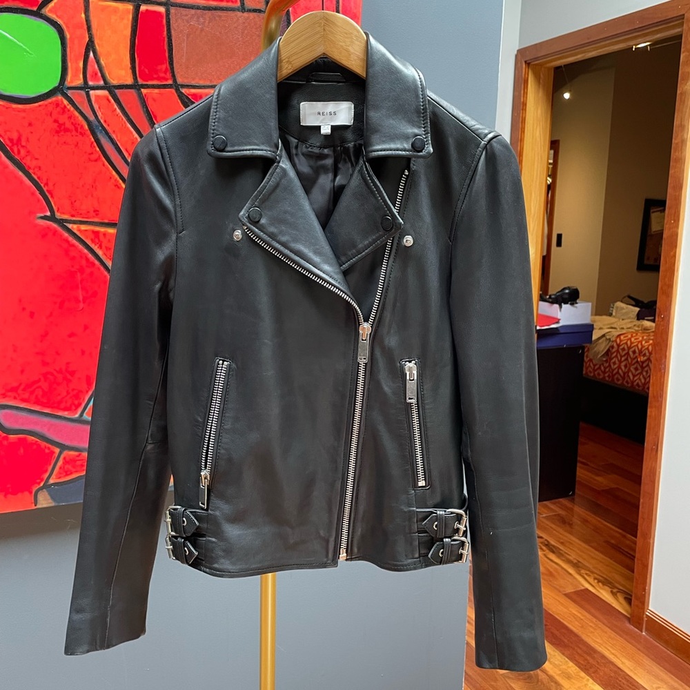 Reiss leather jacket, black, size 4.